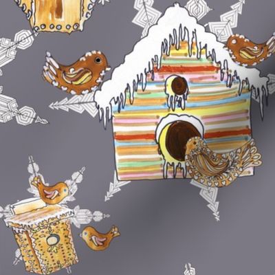 gingerbread bird houses on grey