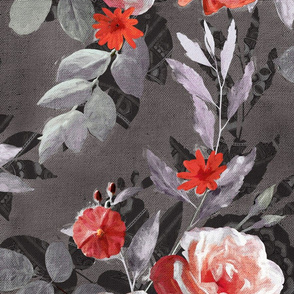 Over-sized Retro Rose Chintz in Coral and Charcoal Grey
