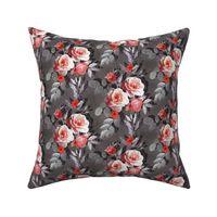 Small Retro Rose Chintz in Coral and Charcoal Grey