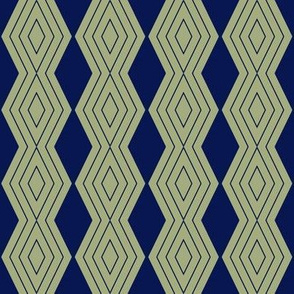 JP31 - Small - Harlequin Pinstripe Diamond Chains in  Navy Blue on Pastel Olive Green