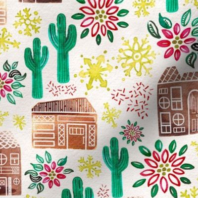 Medium Watercolor Desert Gingerbread Village // Holiday Houses with Saguaro Cacti, Poinsetta, Snowflakes, Glitter // Mid-Century Modern, Retro, Vintage Christmas