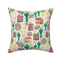 Medium Watercolor Desert Gingerbread Village // Holiday Houses with Saguaro Cacti, Poinsetta, Snowflakes, Glitter // Mid-Century Modern, Retro, Vintage Christmas