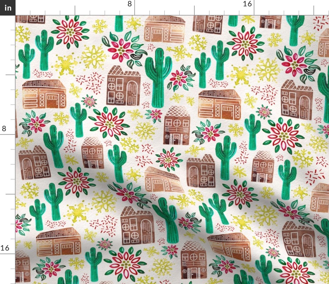 Medium Watercolor Desert Gingerbread Village // Holiday Houses with Saguaro Cacti, Poinsetta, Snowflakes, Glitter // Mid-Century Modern, Retro, Vintage Christmas