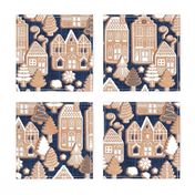 Normal scale // Whimsical Gingerbread Christmas Village // blue and brown