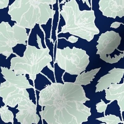 Large Mint & Navy Poppies Brocade