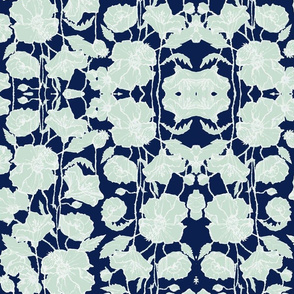 Large Mint & Navy Poppies Brocade