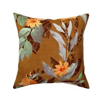 Over-sized Retro Rose Chintz in Apricot and Olive on Brown