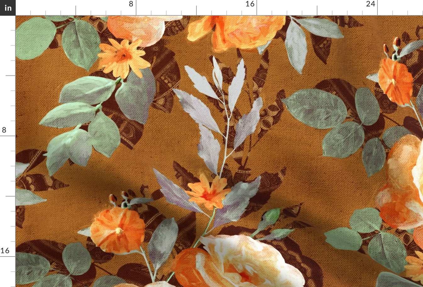 Over-sized Retro Rose Chintz in Apricot and Olive on Brown