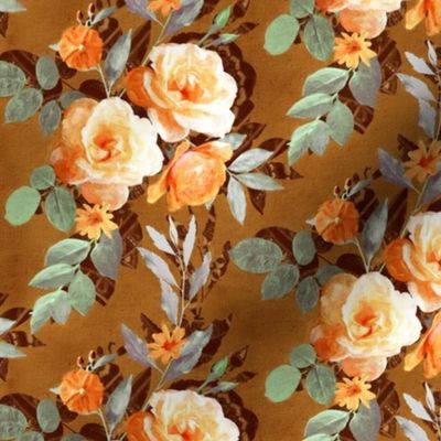 Small Retro Rose Chintz in Apricot and Olive on Brown