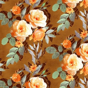 Small Retro Rose Chintz in Apricot and Olive on Brown
