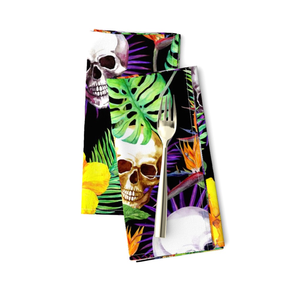 Exotic jungle, tropical flowers, skulls. Watercolor in neon colors