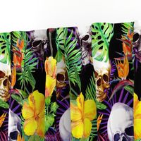 Exotic jungle, tropical flowers, skulls. Watercolor in neon colors