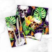 Exotic jungle, tropical flowers, skulls. Watercolor in neon colors