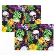 Exotic jungle, tropical flowers, skulls. Watercolor in neon colors