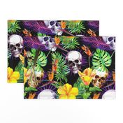 Exotic jungle, tropical flowers, skulls. Watercolor in neon colors