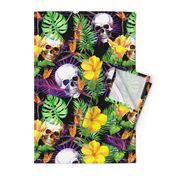 Exotic jungle, tropical flowers, skulls. Watercolor in neon colors