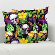 Exotic jungle, tropical flowers, skulls. Watercolor in neon colors