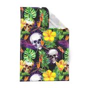 Exotic jungle, tropical flowers, skulls. Watercolor in neon colors