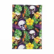 Exotic jungle, tropical flowers, skulls. Watercolor in neon colors