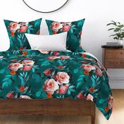 Over-sized Retro Rose Chintz in Pink and Rich Teal