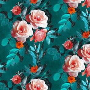 Small Retro Rose Chintz in Pink and Rich Teal