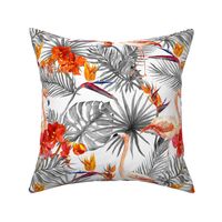 Flamingo birds, exotic orchid flowers and tropical leaves. Monochrome black and white colors