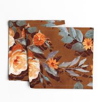 Over-sized Retro Rose Chintz in Warm Orange on Rust Brown