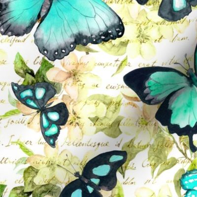 Butterflies on flowers with hand written text. Watercolor