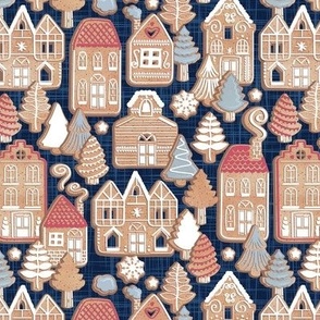 Small scale // Whimsical Gingerbread Christmas Village // navy blue background white and red houses grey pine trees