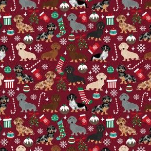 SMALL - doxie christmas fabrics cute dachshunds fabric best dachshunds fabric - burgundy