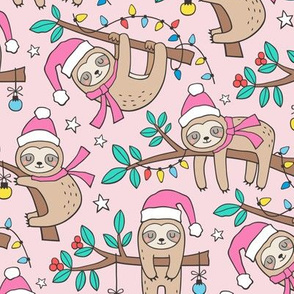Christmas Holidays Winter Sloths Pink on Light Pink