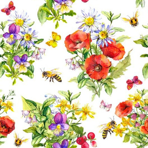 Summer field flowers and honey bees. Watercolor