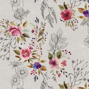 chintz watercolor and ink wildflowers on natural linen look