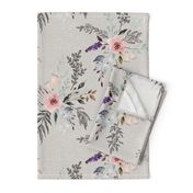 watercolour floral and ink chintz sketched leaves on natural linen look blush pink and mint