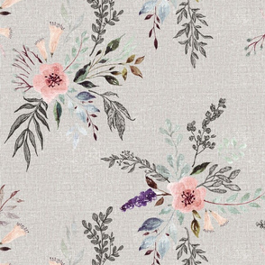watercolour floral and ink chintz sketched leaves on natural linen look blush pink and mint