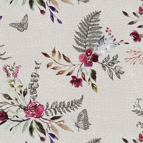 chintz watercolor and ink bohemian floral maroon and purple on taupe linen look