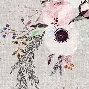 chintz white anemone bohemian ink and watercolor on natural linen