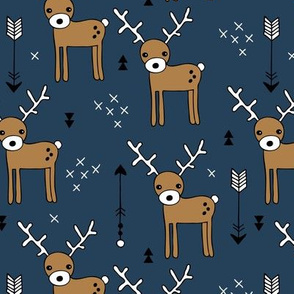 Cute winter reindeer christmas theme illustration with geometric arrows and triangles in navy blue brown