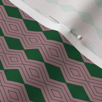 JP27 - Tiny - Harlequin Pinstripe Diamond Chains in Forest  Green on Mauve