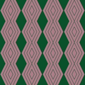 JP27 - Small - Harlequin Pinstripe Diamond Chains in Forest  Green on Mauve