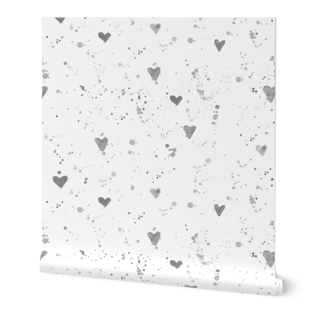 Silver grey watercolor hearts and spatters • paint splatters for neutral nursery