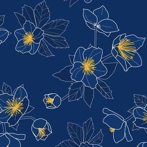 scattered winter roses on navy blue