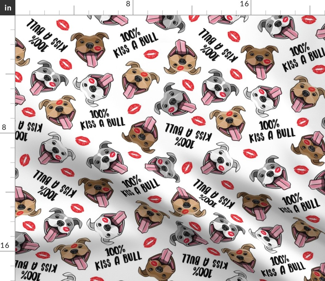 100% Kiss a bull - cute pit bull dog fabric - lips - love valentines - red and white - LAD19