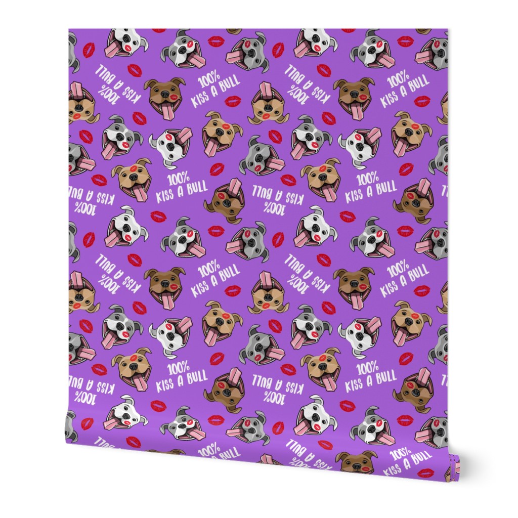 100% Kiss a bull - cute pit bull dog fabric - lips - love valentines - red and purple - LAD19