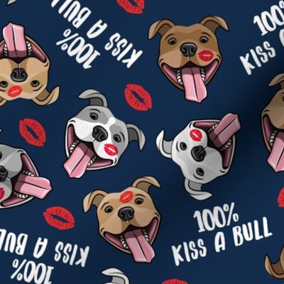 100% Kiss a bull - cute pit bull dog fabric - lips - love valentines - red and blue - LAD19