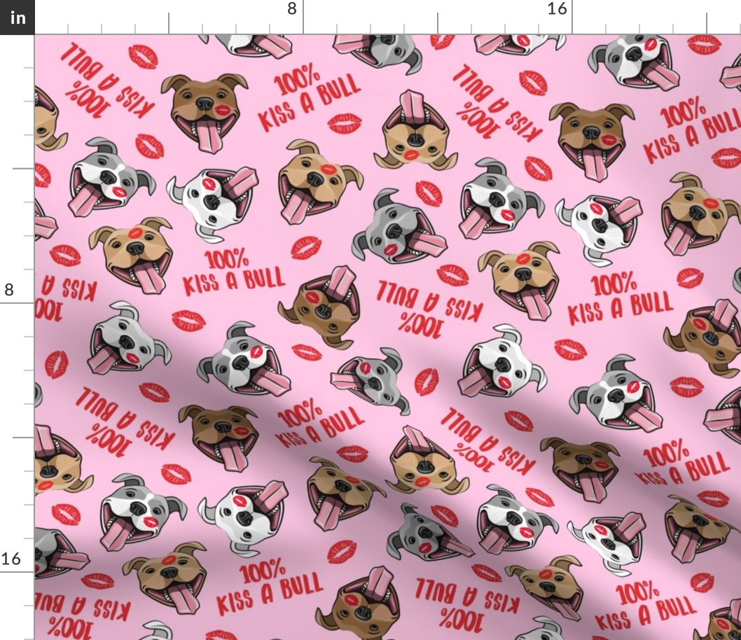 100% Kiss a bull - cute pit bull dog fabric - lips - love valentines - red on pink - LAD19