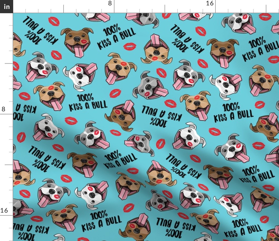 100% Kiss a bull - cute pit bull dog fabric - lips - love valentines - red and blue - LAD19