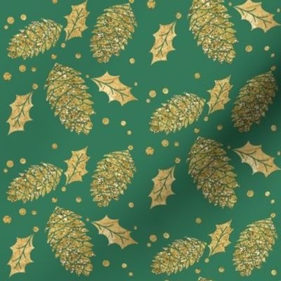 Gold Pine Cones and Holly on Green