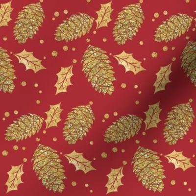 Gold Pine Cones and Holly on Red