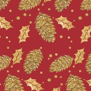 Gold Pine Cones and Holly on Red